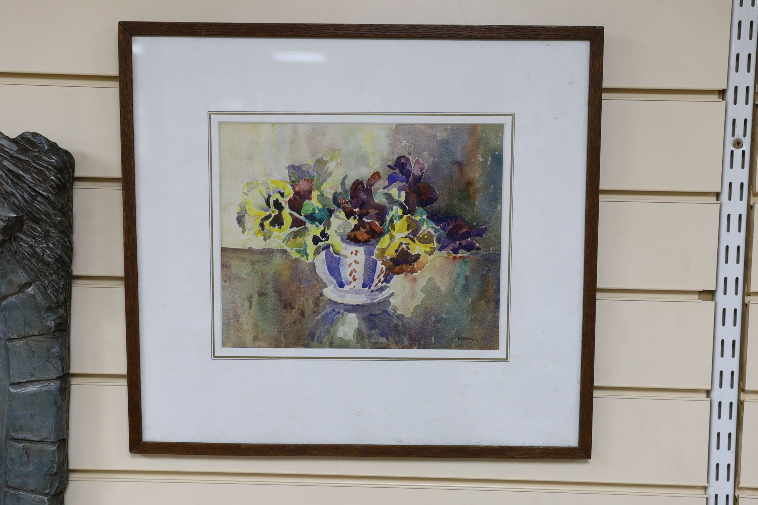 B.P. Allen, watercolour, Still life of pansies in a vase, signed, 22 x 28cm